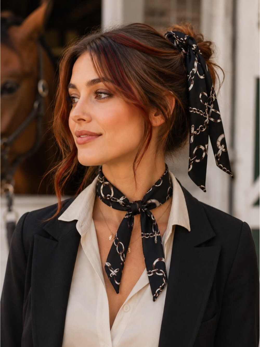Black Silk Ribbon Scarf 34in Equestrian Chain Print Skinny Hair Bag Scarf